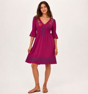 Johnny Was Embroidered Floral Smocked Waist Dress Magenta Size Small